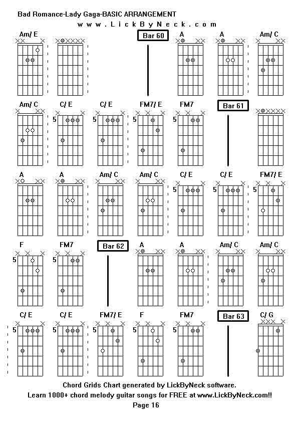 Chord Grids Chart of chord melody fingerstyle guitar song-Bad Romance-Lady Gaga-BASIC ARRANGEMENT,generated by LickByNeck software.